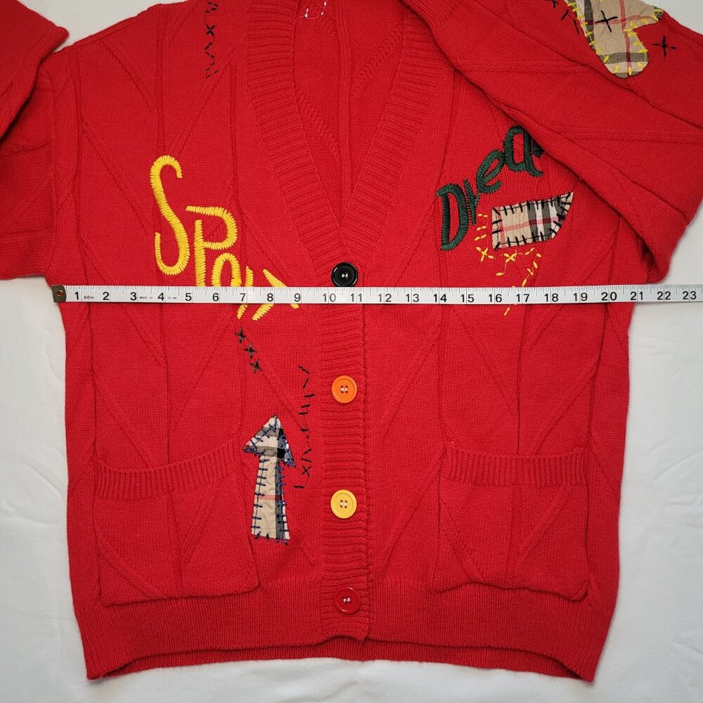 Ebossy Knit Cardigan Red Colorful Embroidery Patches Women Medium Streetwear Y2K - Picture 9 of 11